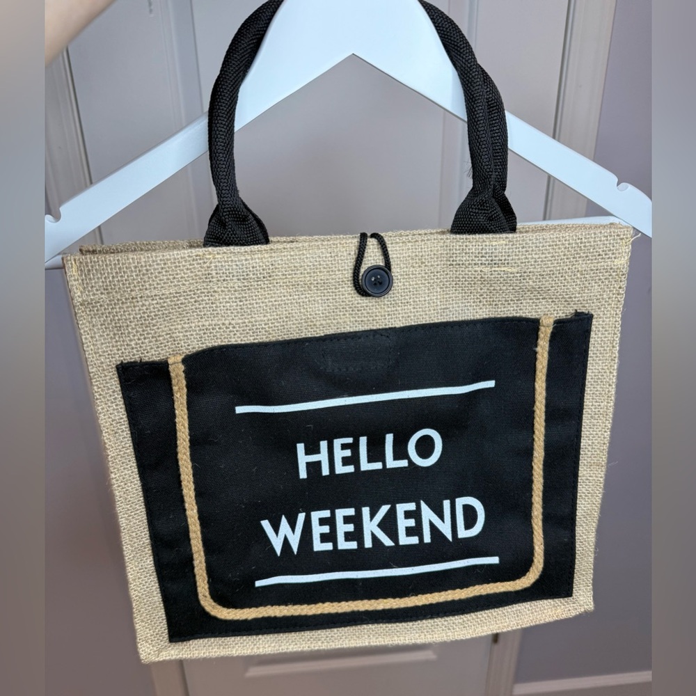 Black and Tan Tote Bag with 'Hello Weekend' Print
